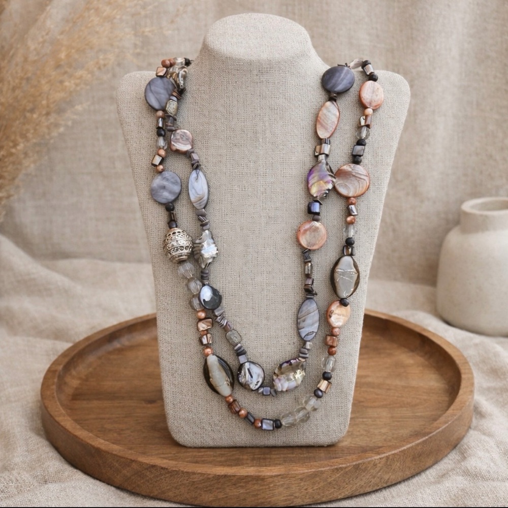 Artisan Shell Glass Filagree Metal Bead Long Necklace Coastal Boho Neutral 34” - Picture 3 of 4